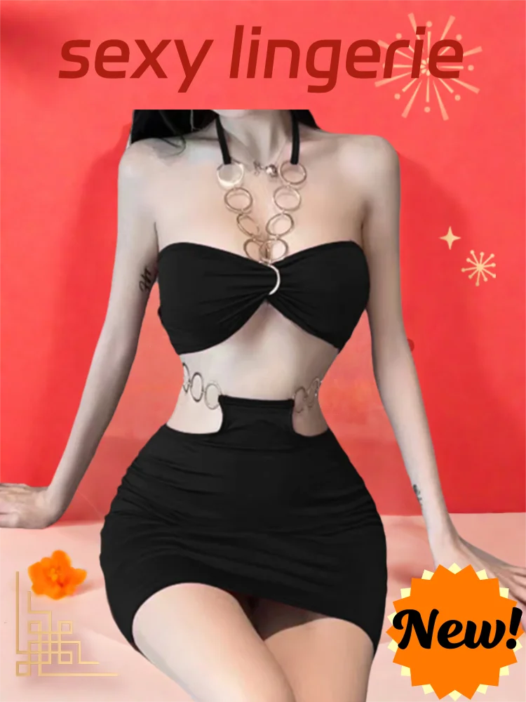 أسود أحمر مثير الإباحية الملابس الداخلية حلقة معدنية عارية الذراعين الترا bodycon تنورة قصيرة الجوف التدريجي slut الجنس دعوى أداة الملحقات اللباس