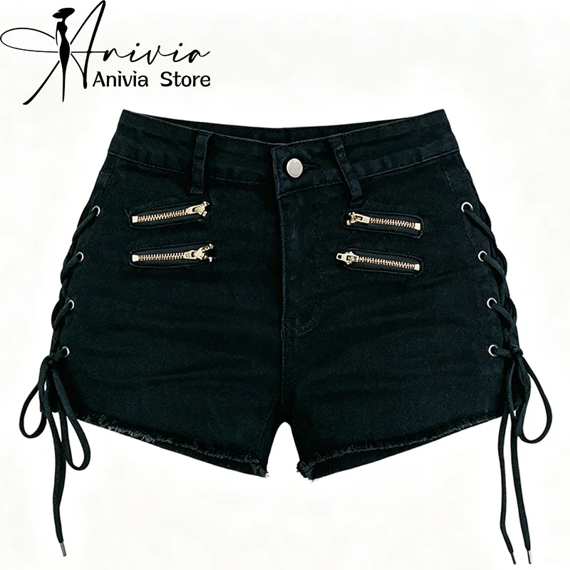 Women's Gothic Black Denim Short Pants Zipper Y2K Harajuku High Street 90S Aesthetic Fashion Retro Casual Shorts Jeans Clothing