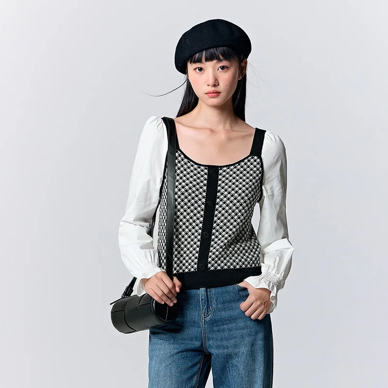 Semir Long Sleeve Shirt Women Short Splicing Bubble Sleeve Elegant Girlish Autumn Slim Square Collar Jacquard Slimming Top