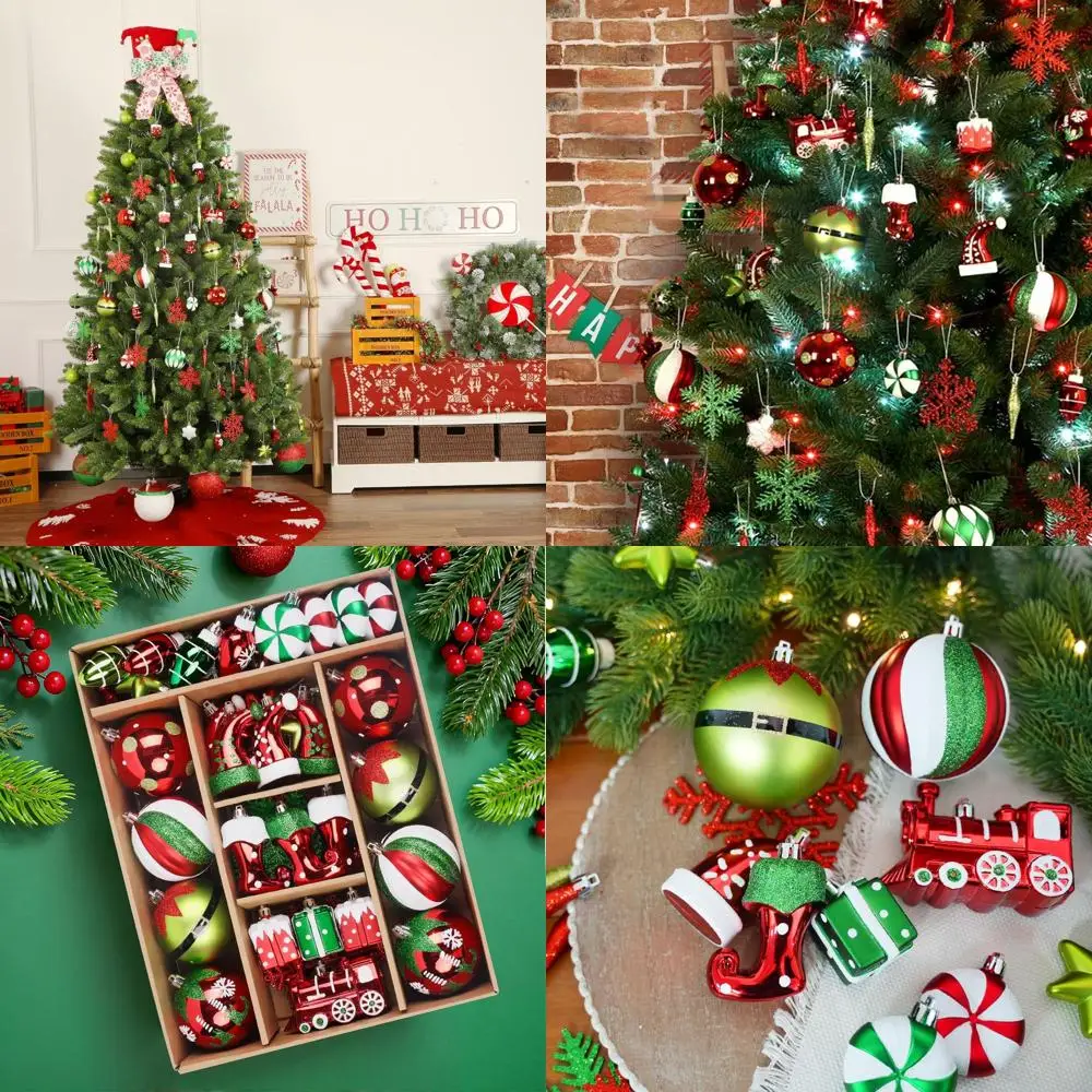 

Набор классических рождественских шариковых украшений из 75 предметов, тема сапог эльфа, небьющийся пластик, красно-зеленый и белый для декора елки, праздника,