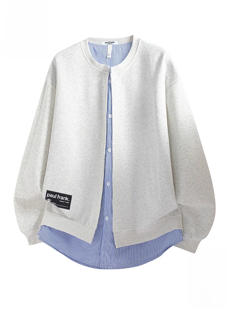 

PaulFrank Monkey Stripe Splicing Open Cardigan Men's Autumn Sle American College round Ne Sweatirt Comfortable Loose Fit