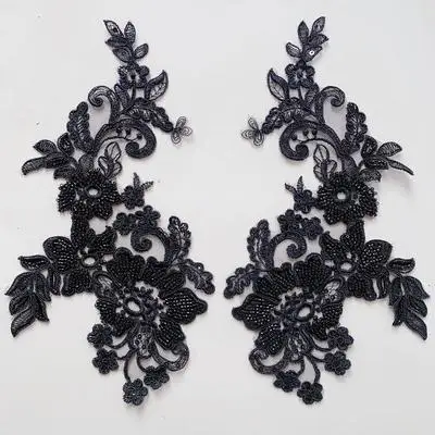 2 Pieces/1Pair Black and White Heavy Luxury Bead Lace Flower Applique Matching Wedding Dress Headwear Accessories 15X30cm