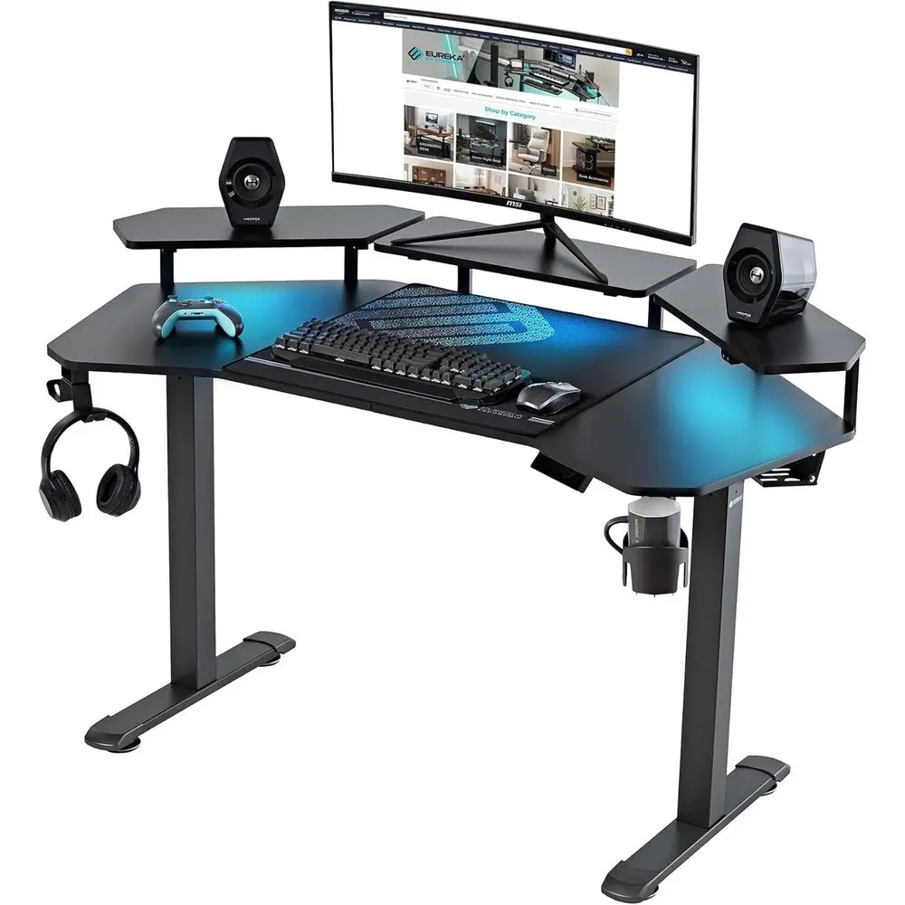 

Игровой стол W-образной формы с регулируемой высотой, 55 дюймов, с LED-подсветкой, полкой, ковриком для мыши, подставкой для кружки, цвет: угольно-черный