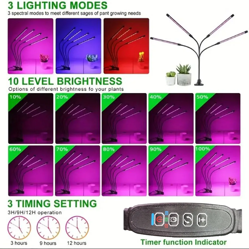 مصباح نباتي LED أحمر وأزرق لطيف كامل الطيف، واجهة USB مع مشبك قادر على توقيت يعتم.