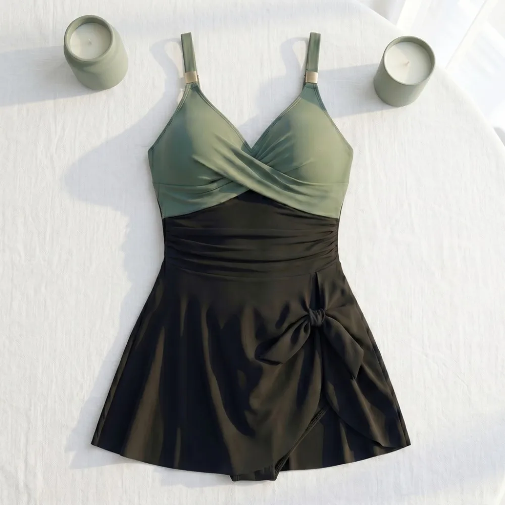 Breathable Slim Fit Women's Swimming Suit Sleeveless V-Neck Summer Swimwear Pleated Beachwear Clothing Skirt Swimsuit Beach
