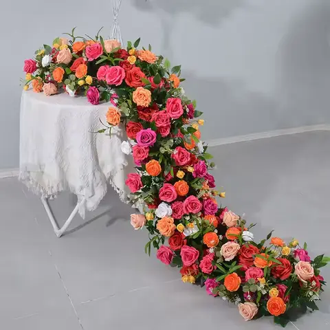 Uflower 1m/2m Pink Rose Hydrangea Flower Row Runner Artificial Flowers Wedding Backdrop Decor Floral Party Prop Window Display