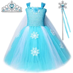 Snow Queen Elsa Long Dresses for Girls Halloween Christmas Costumes with Cloak Kids Snowflake Floor Outfit Princess Ball Gown