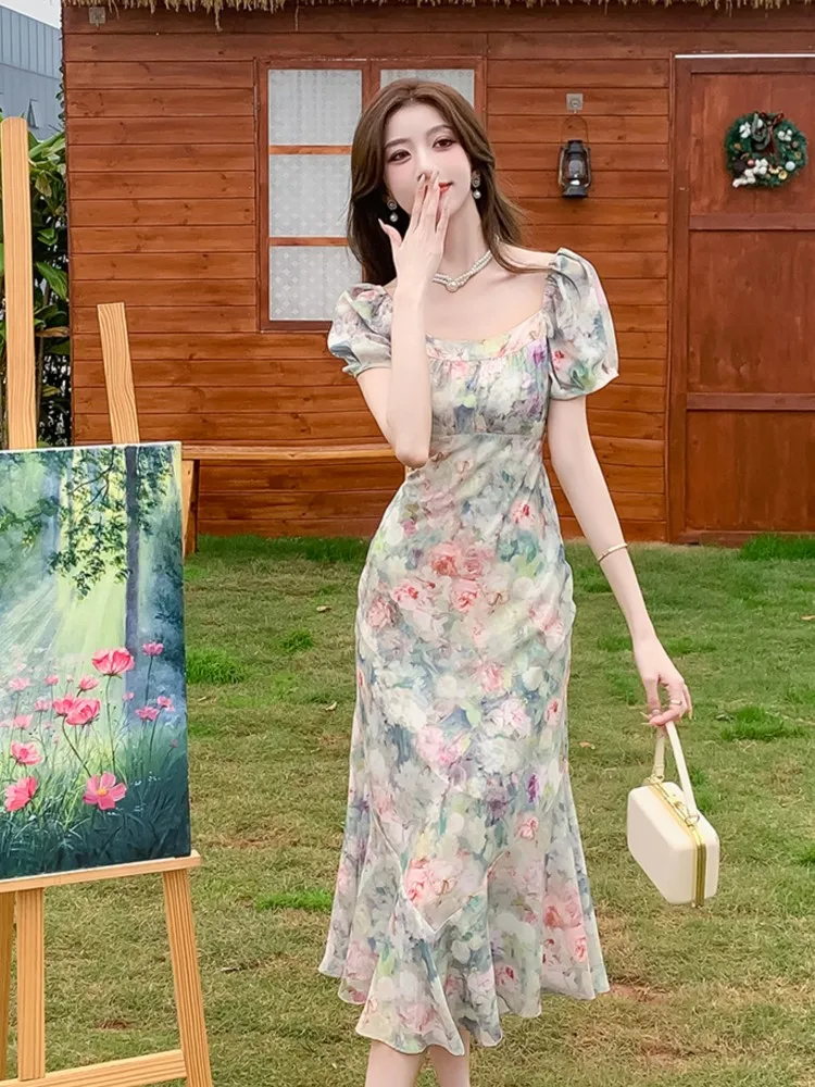 Vestidos de sirena elegantes para mujer, Vestido largo de manga farol con cuello cuadrado, pintura al óleo francesa, elegante, Floral, cumpleaños, Verano