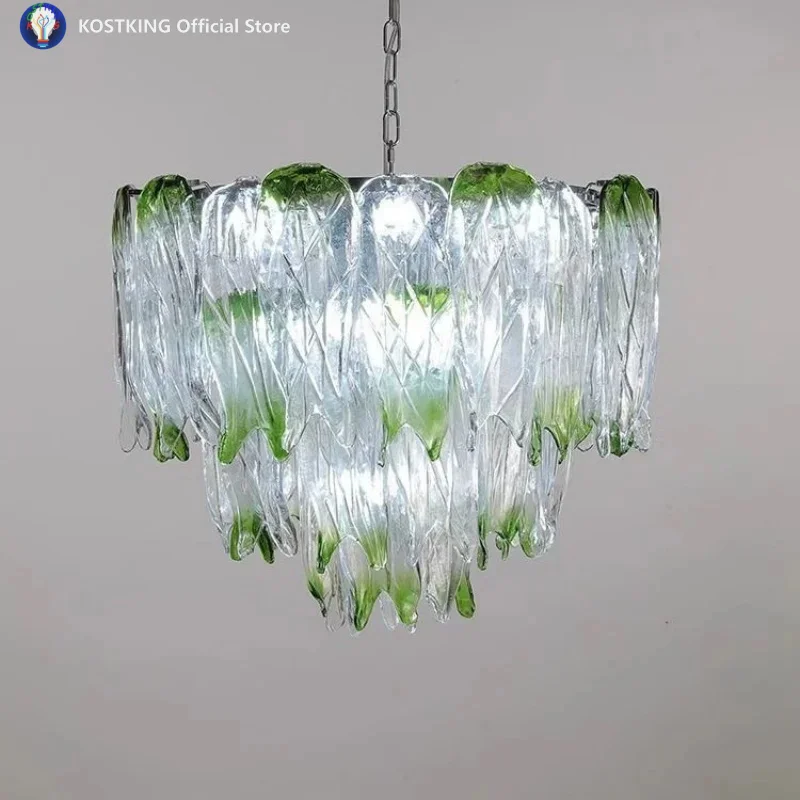 

French Luxury Gradient Green Glass Living Room Chandelier Designer Bedroom Restaurant Hotel Highend Pendant Lamp Art Decor Light