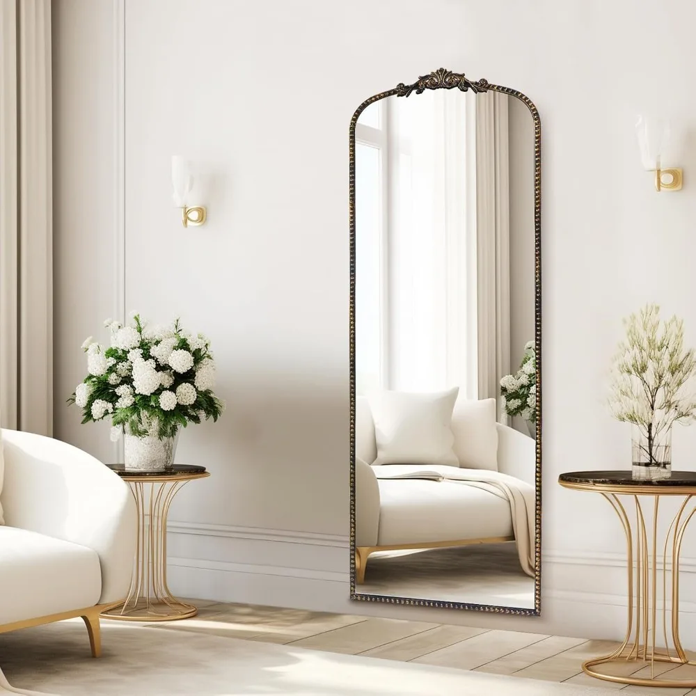 Growsun アンティーク バロック フルレングスミラー、ヴィンテージ ブラック 65インチx22インチ 全身フロアミラー、自立式、壁掛け式、または斜め掛け式