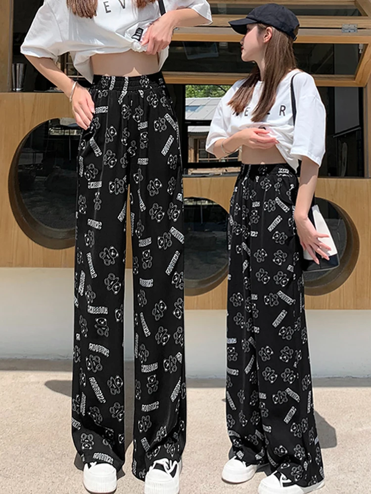 

High Waist Wide Leg Pants Women's Summer Fashion Print Chiffon Ice Silk Loose Fit Trousers Korean Style Commute Wind