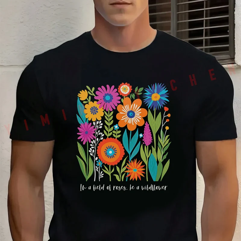 

Men‘s’ T-shirt High Quality Funny Cotton Boho Wildflowers Print Motorcycle Tee Casual O-neck Male For Men Hip Hop Tops