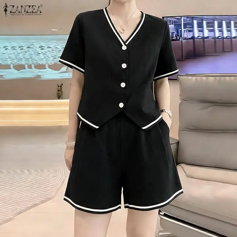 

ZANZEA Elegant V Neck Short Sleeve Shirt Short Sets Korean Stylish Summer Outfits Women Patchwork 2 Piece Sets Casual Work Suit