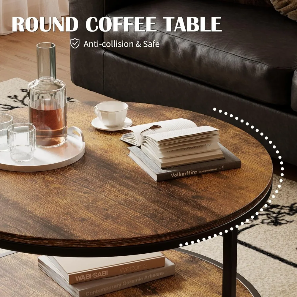 

36" Coffee Tables with Storage, 2-Tier Round Coffee Table, Center Table for Living Room, Furniture for Small Spaces, Brown