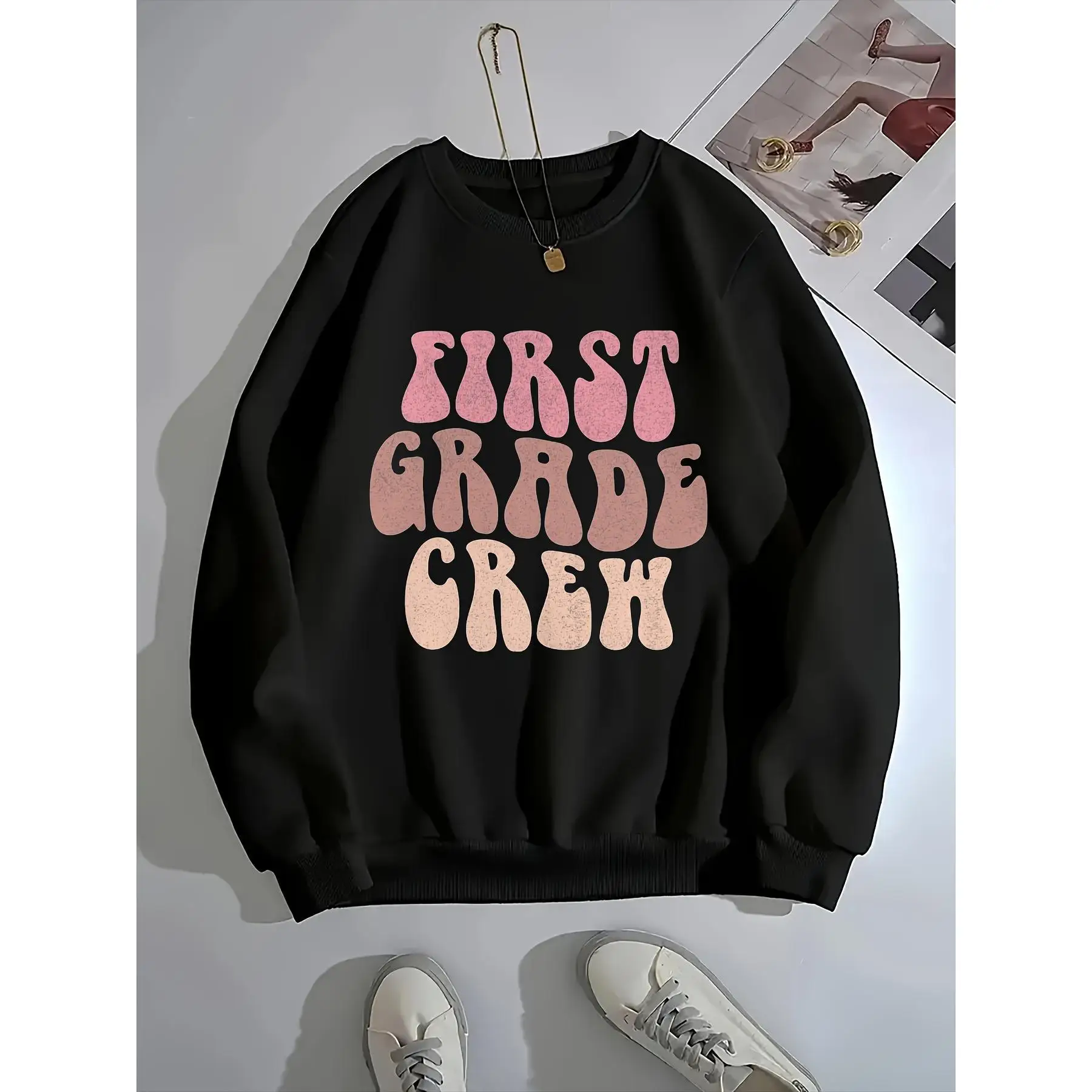 

First Grade Crew Graphic Sweatshirt Women Men Retro School Theme Jumper Teacher Student Gift Idea Wavy Font Pullover Cozy Appare