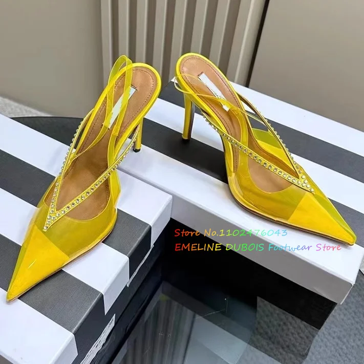 

PVC Transparent Pointed Toe Pumps Women Leather Crystal Super High Heel Slip On Roman Back Strap Women's Party Dress Shoes