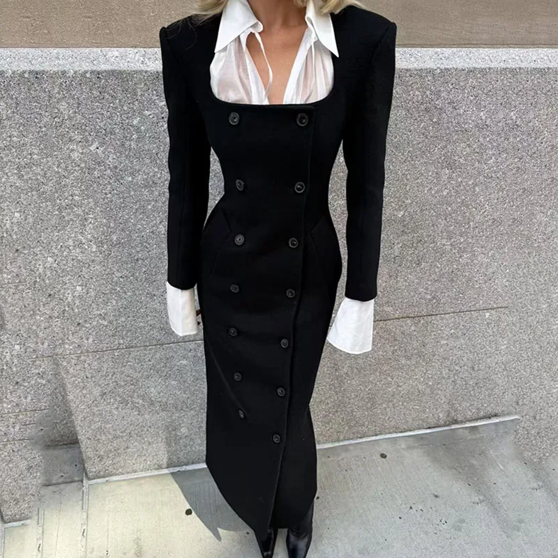 

Женское двубортное длинное пальто из смесовой шерсти, приталенное шерстяное твидовое пальто, высококачественный топ для пригородных поездок, осень, новое поступление, 2025,