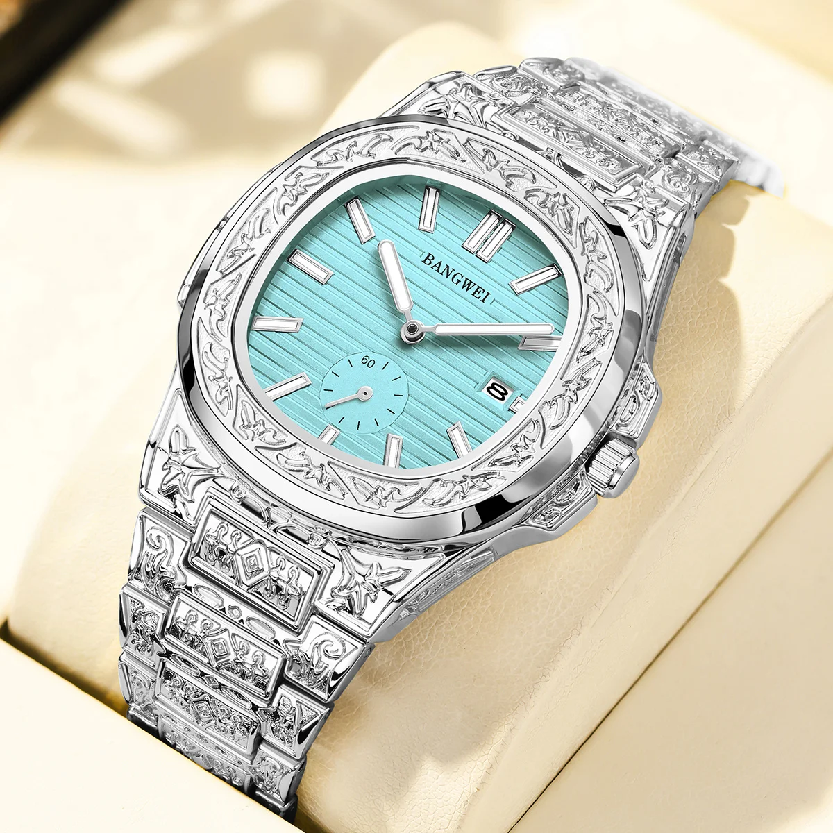 BANGWEI Fashion Luxury Brand High Quality Men Quartz Watches Vintage Flower Pattern Carving Wristwatch  Stainless Steel Watch