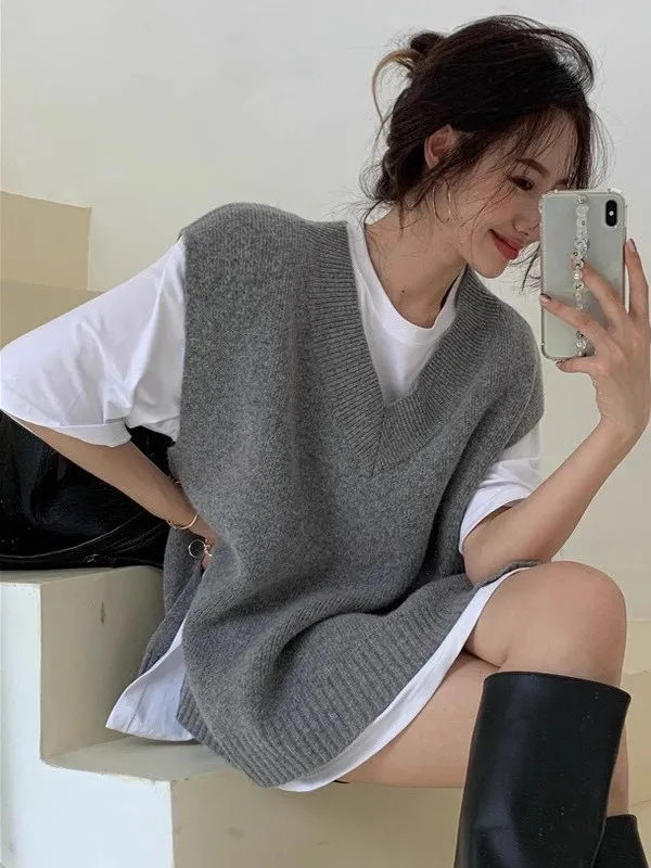 

Loose Women's Knitted Wool Vest Svel V-Ne Sweater Korean Sle Comfortable Soft Fine Gauge Yarn Spring Autumn Wear
