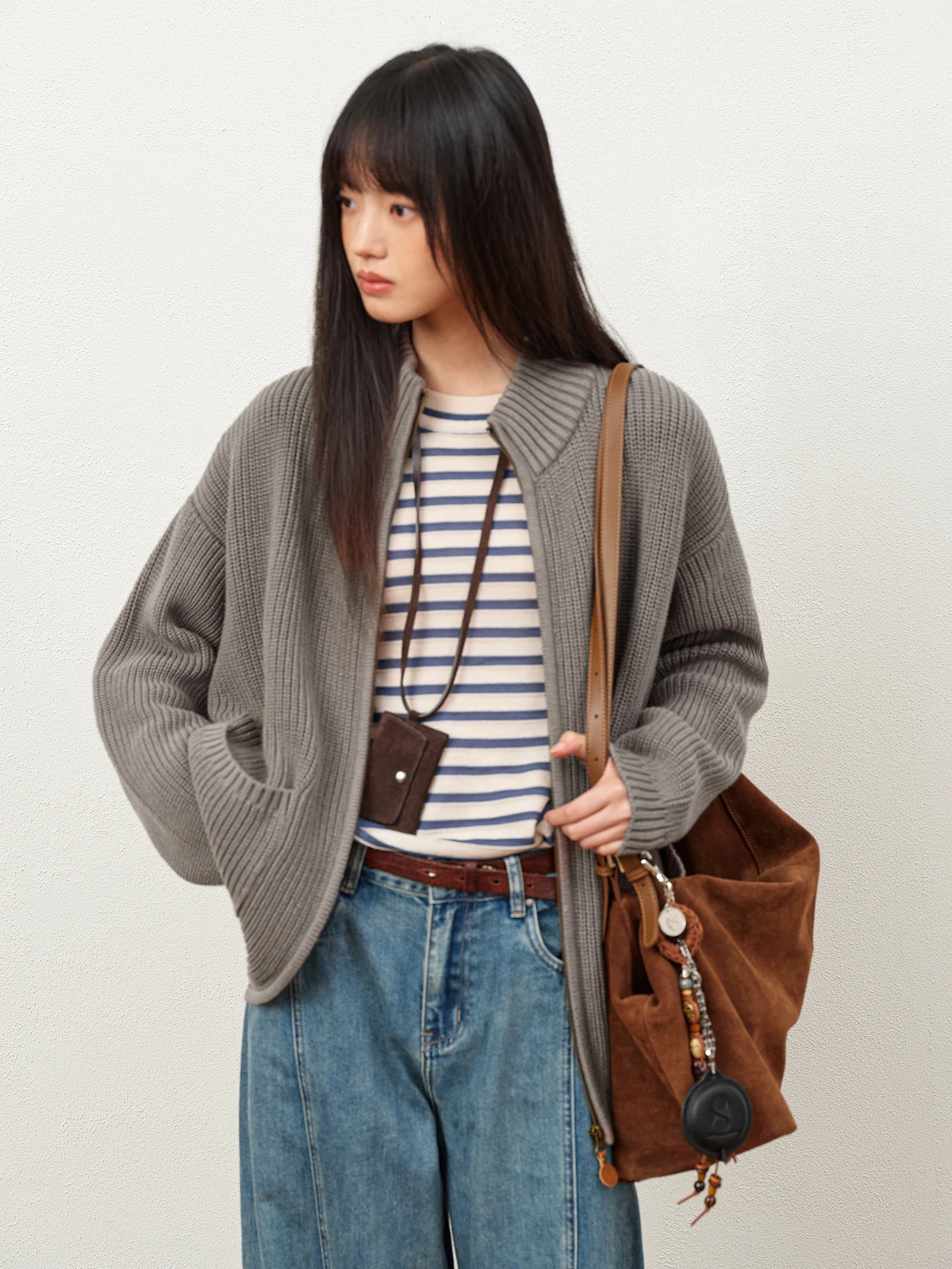 

Octopusme Lazy Sle Women's Open Cardigan Knitted Sweater with Zipper Street Faion Cotton Blend Spring Autumn Winter Top