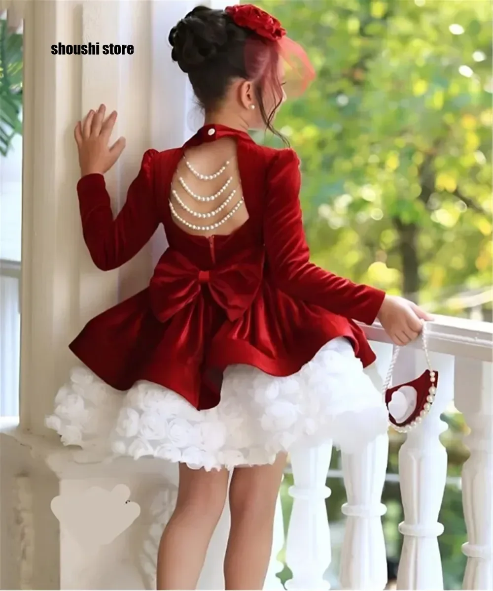 

Vintage Flower Girl Wedding Dress Bow Beaded Long Sleeves Princess Birthday Party Dress First Communion Gown Customized