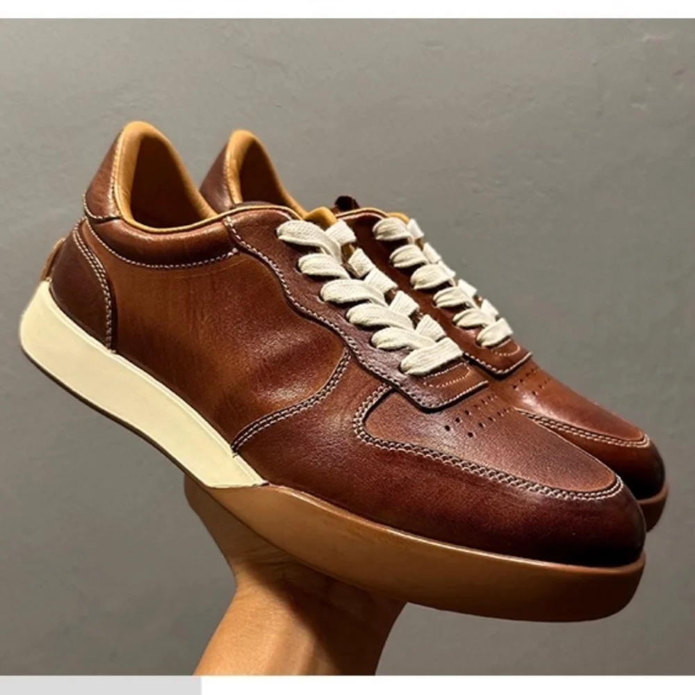 

QHCCID Men's Handmade Genuine Leather Casual Shoes Classic Breathable Trendy Sports Leisure Board Shoes Horsehide Material