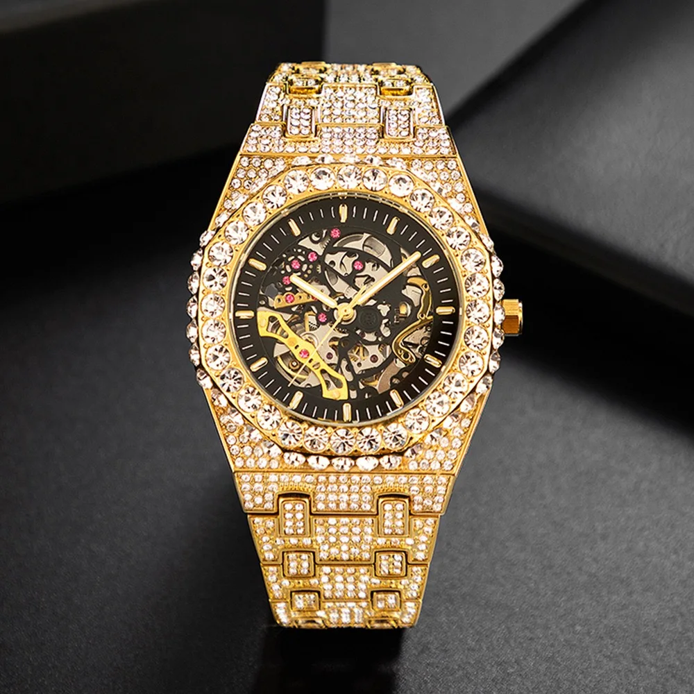 Luxury Automatic Mechanical Watch Men Hip Hop Brand MISSFOX Steel Full Iced Diamond Jewelry Gold Wristwatch Fashion Man 2026 New