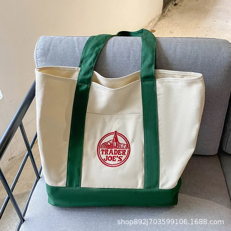 Large Canvas Tote Bag for Trader Joe's, Reusable Cotton Tote Bag with Embroidered, Front Pocket & Reinforced Bottom