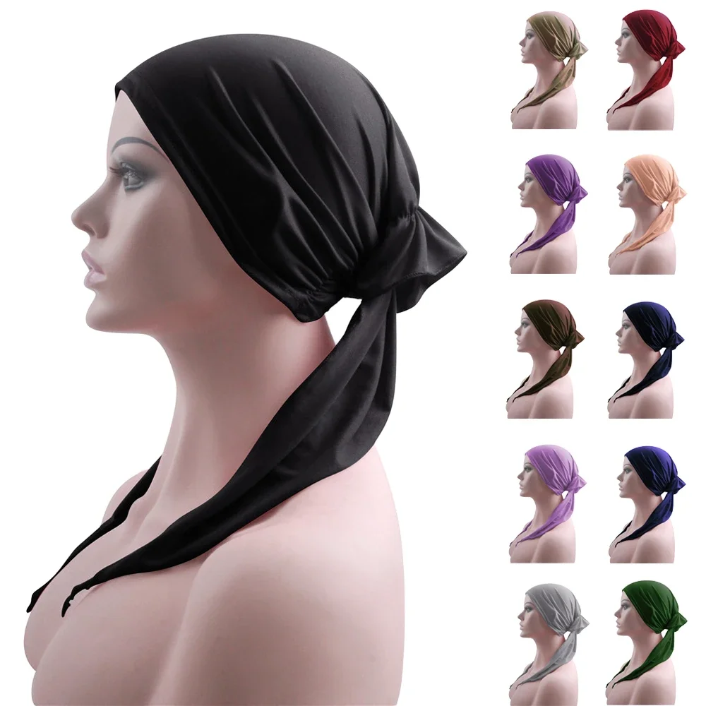 

Islamic Women Turban Hair Loss Bonnet Head Scarf Headwear Cancer Hat Chemo Cap Head Cover Beanie Wrap Long Tail Solid Color