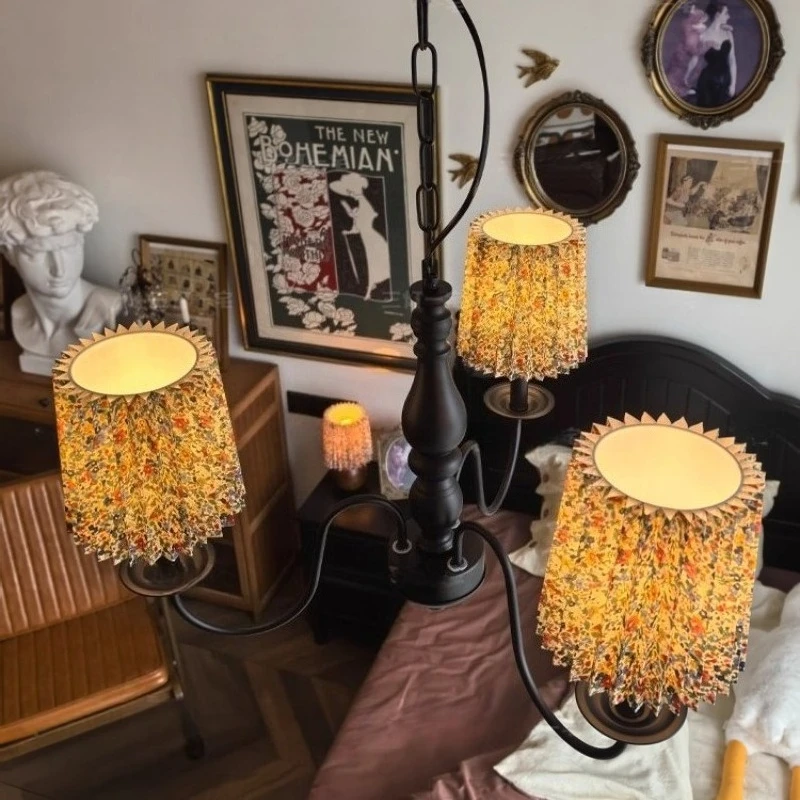French Floral Fabric LED Ceiling Chandeliers Black Wrought Iron Hanging Lamp Living Room Bedroom Restaurant Hotel Pendant Light