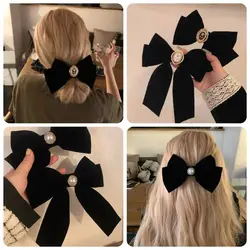 Black Velvet Bow Hair Clip Camellia Retro Velvet Ribbon Hairpin Festival Gift French Bow Tie Spring Clip High End Headdress