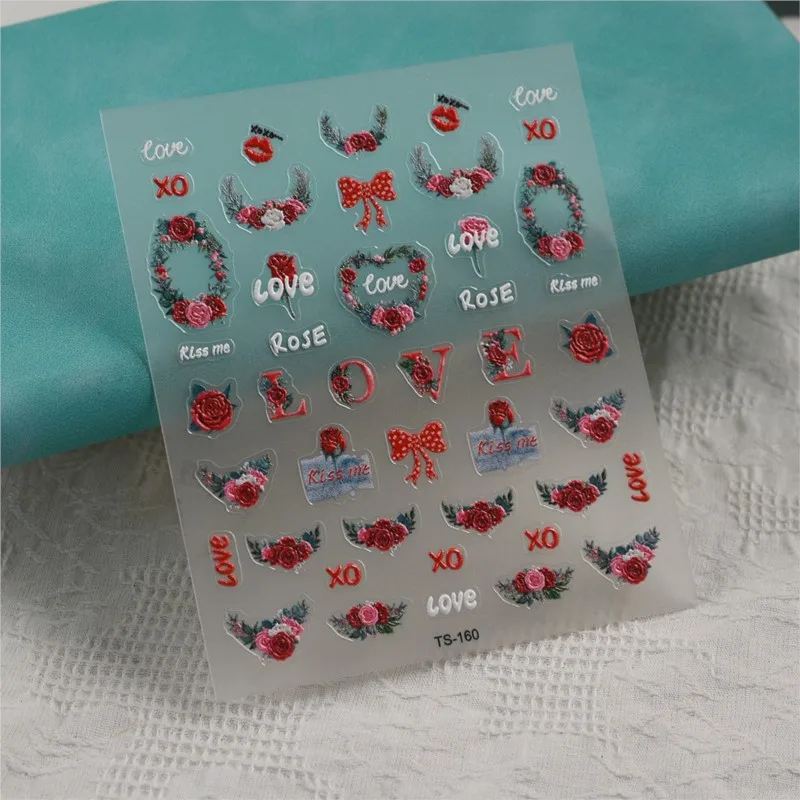 Love FLowers For Lovers 5D Nail Stickers Wedding Nail Slider Embossed Engraved Decals