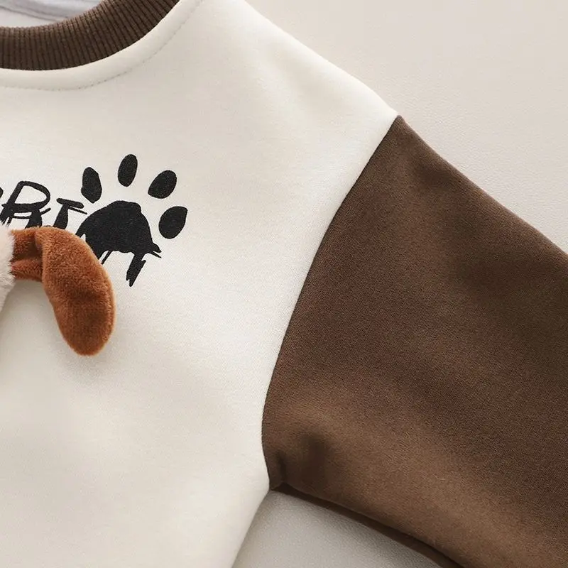 Baby Boy 2pcs Cartoon Dog Toddler Set Funny 3D Plush Outfit Pullover Sweatshirt Color Block Top Jogger Pants Kids Winter Apparel