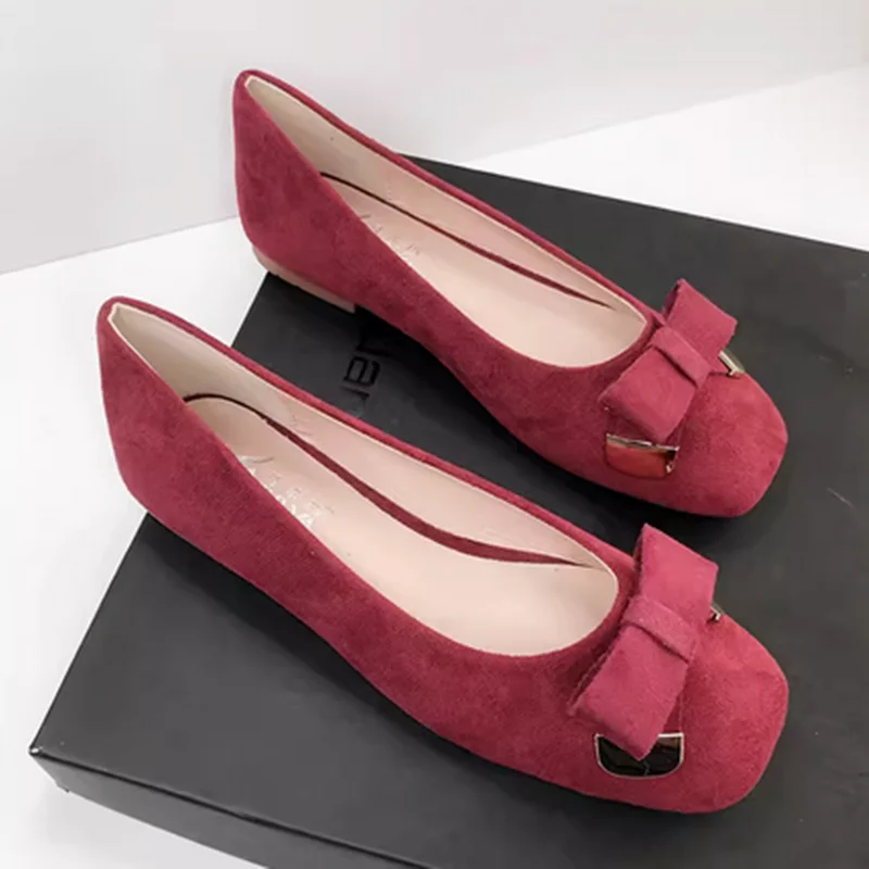 Lady Flock Cloth Hot Sell Flats Metal Butterfly-Knot Slip-On In Purple Blue Wide Fitting Square Toe Ballet Mocassines 32-48 27cm