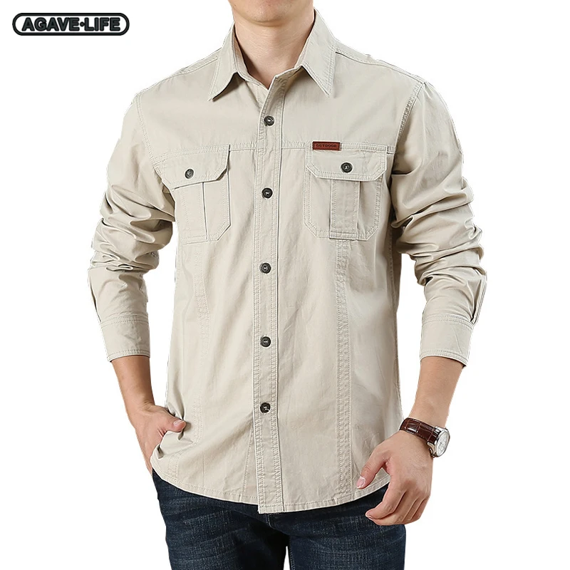 

Bussiness Men's Long-sleeve Shirts New Solid Color Youth Male Spring Autumn Tooling Pocket Shirt Men Casual Loose Military Shirt