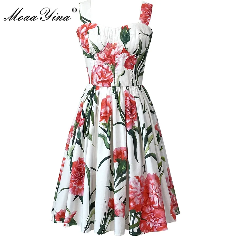 MoaaYina Fashion Designer Summer Women's Dress Spaghetti Strap Carnation Printing High Waist Poplin Elegance Dresses