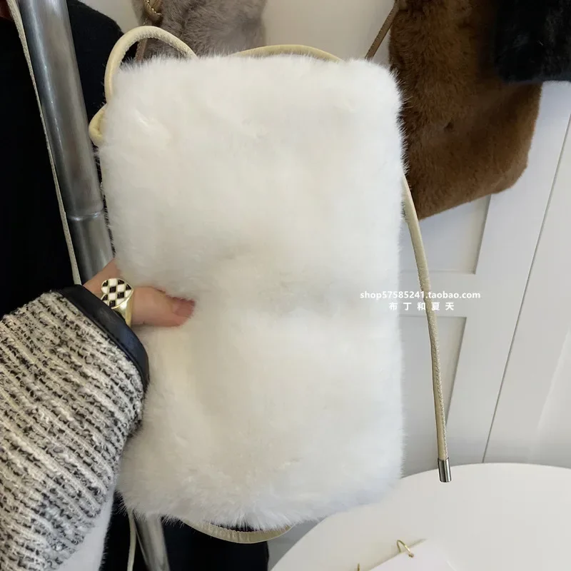 Cute Solid Color Faux Rabbit Fur Plush Shoulder Crossbody Bag Women Fashion Portable Mobile Phone Purse Kawaii Lady Handbag Gift