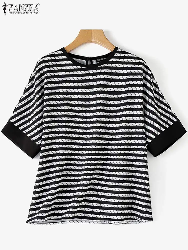 ZANZEA Women Stripe Printed Blouse Casual Round Neck Tops Koeran Fashion Short Sleeve Blusas 2024 Summer Holiday Baggy Tunics