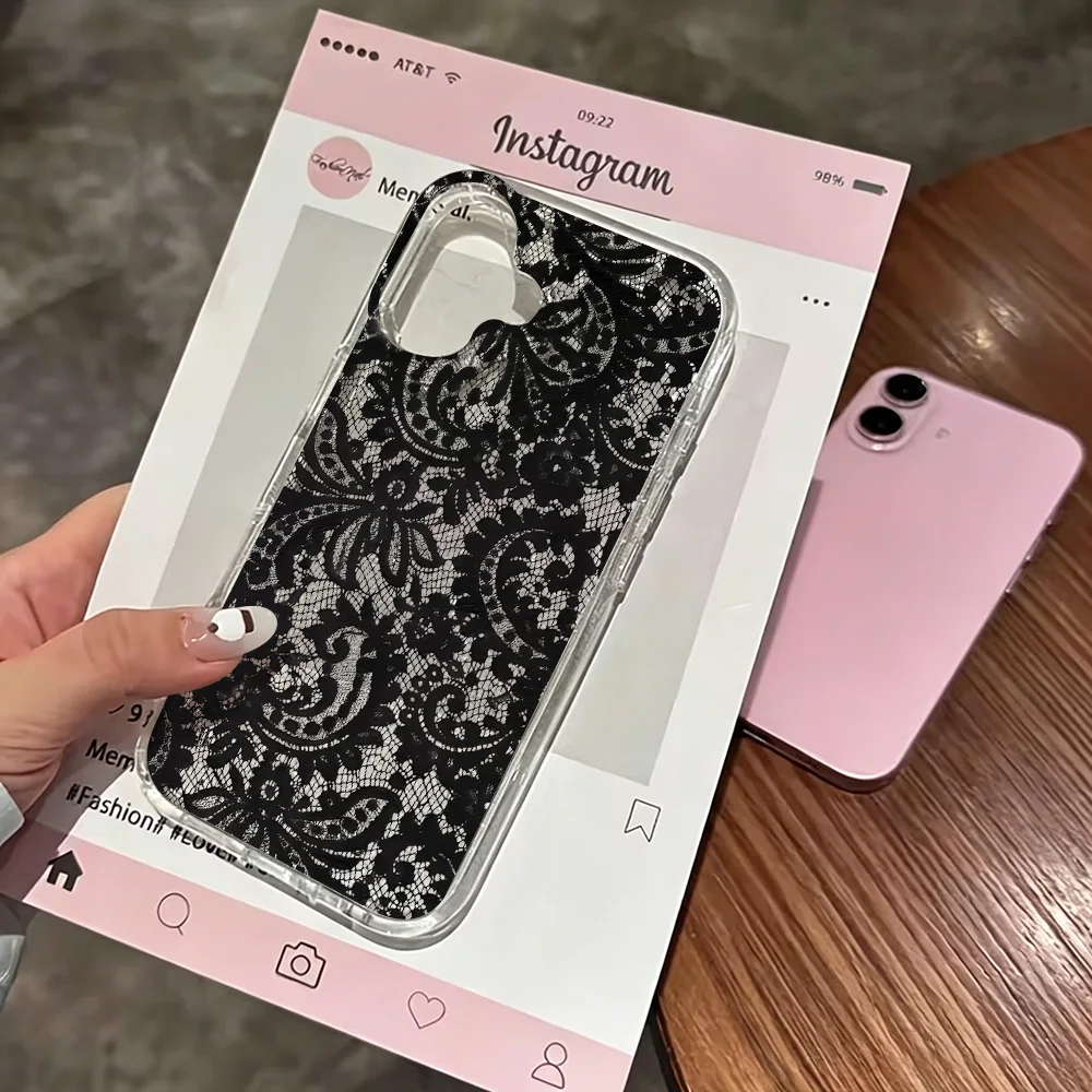 Coque de téléphone transparente INS à fleurs en dentelle pour iPhone 17 13 16 15 11 12 14 Pro Max 16e XR X 17 Air, en silicone antichoc avec paillettes