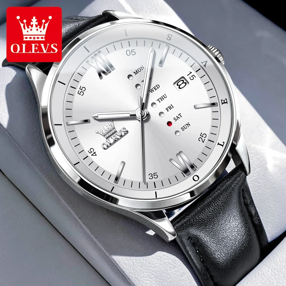 OLEVS Orologi da uomo 2931 Trend Fashion Cinturino in pelle Orologio al quarzo originale per uomo Impermeabile Luminoso Data Settimana Orologio da polso Nuovo