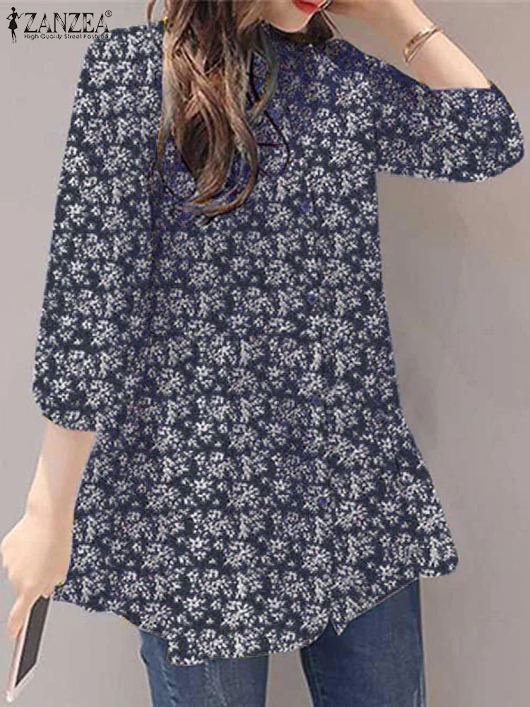 ZANZEA Damen-Blusen, Herbst, Vintage-Hemd, Blumenmuster, Bohemian-Stil, elegant, Stehkragen, 3/4-Ärmel, lässige Tunika, Tops, Blusas