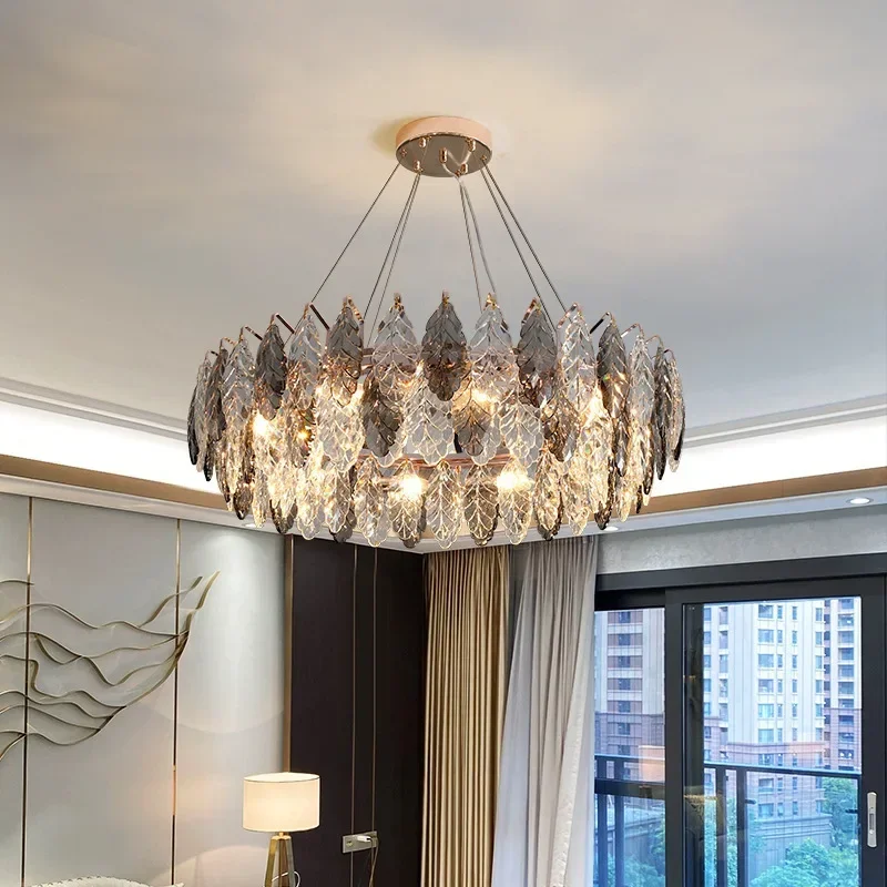 Modern Luxury Crystal Leaf Led Chandelier For Living Dining Room Pendant Light E14 Lighting Lustre