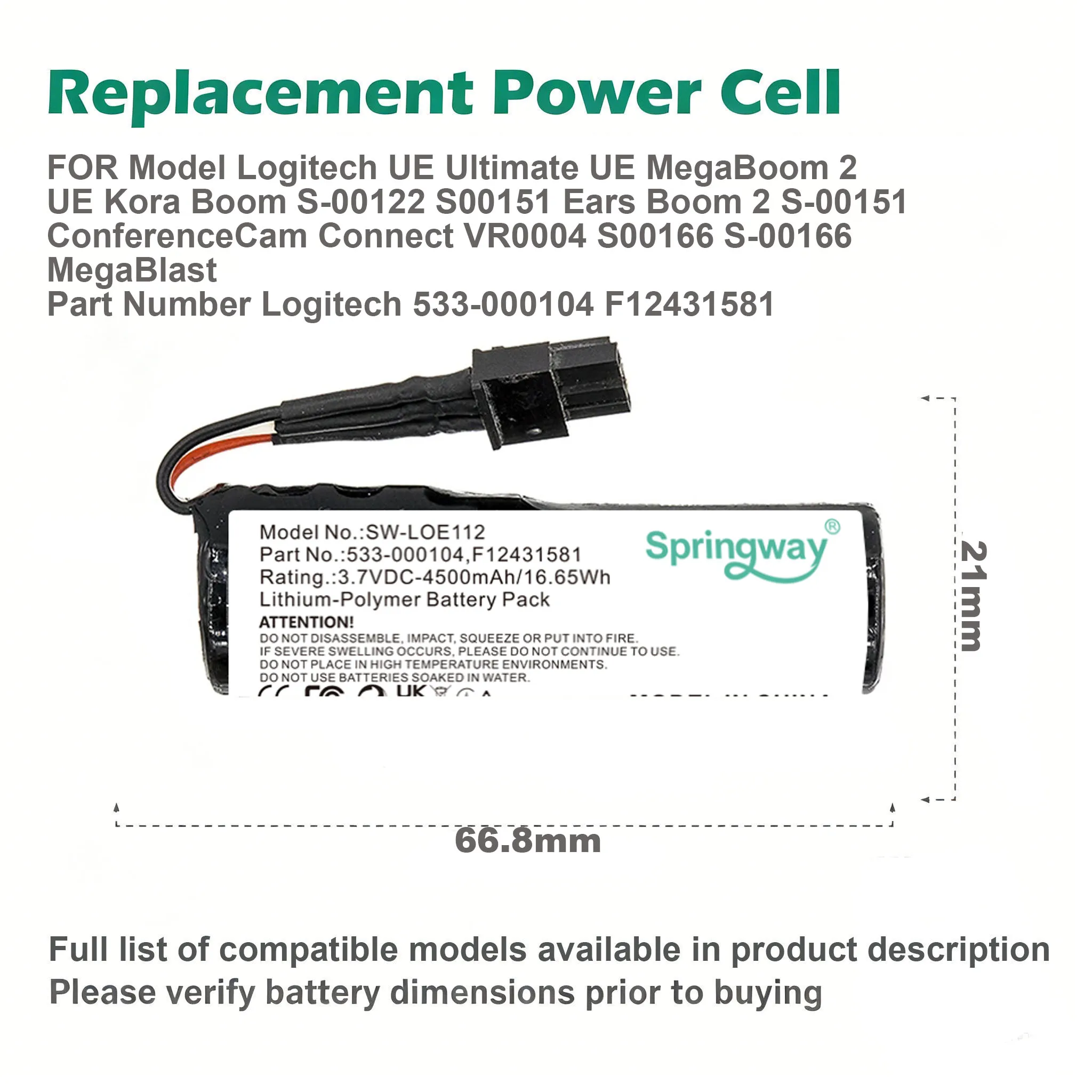 SPRINGWAY 3.6V 4500mAh Replacement Battery For Logitech UE BOOM 1 2 3 Bluetooth Speaker Parts Ultimate Accessorie