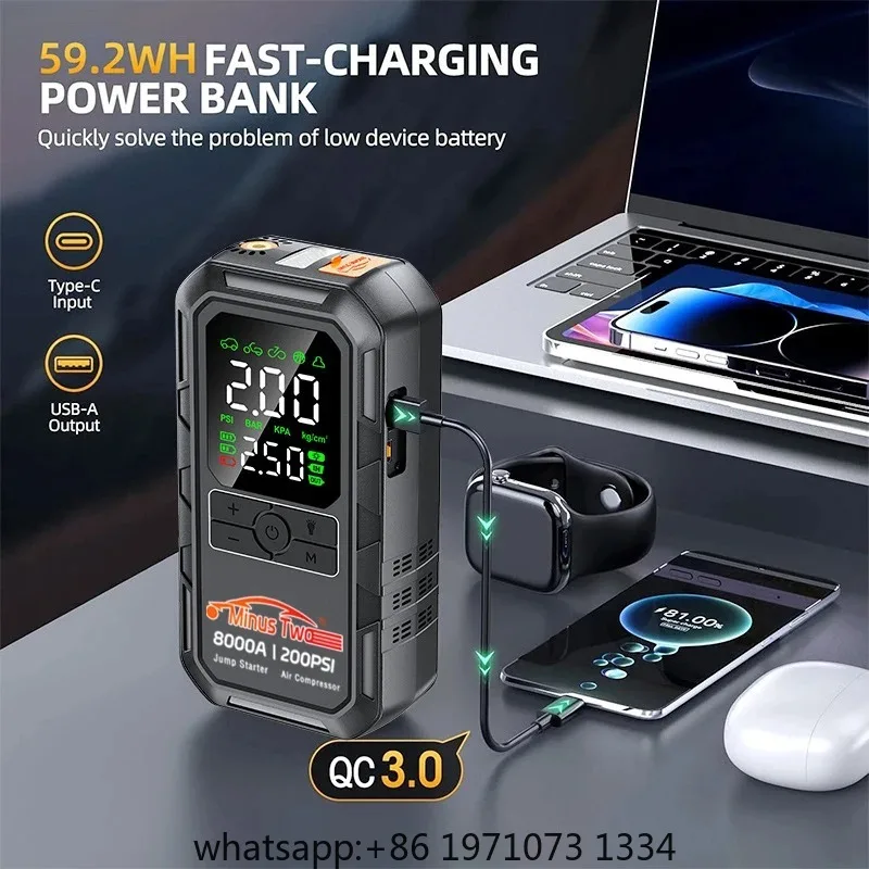 4-IN-1 Car Jump Starter with Air Compressor Peak 8000A Auto Battery Booster 200PSI Air Pump Portable Power Bank Tire Inflator
