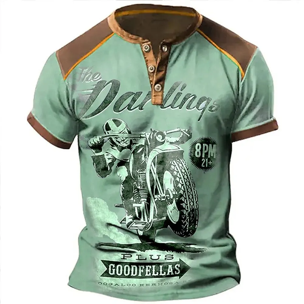 Men's short sleeved Henry shirt, vintage motorcycle clothing T-shirt, casual street, new top for 24 years, sizes S to 5XL