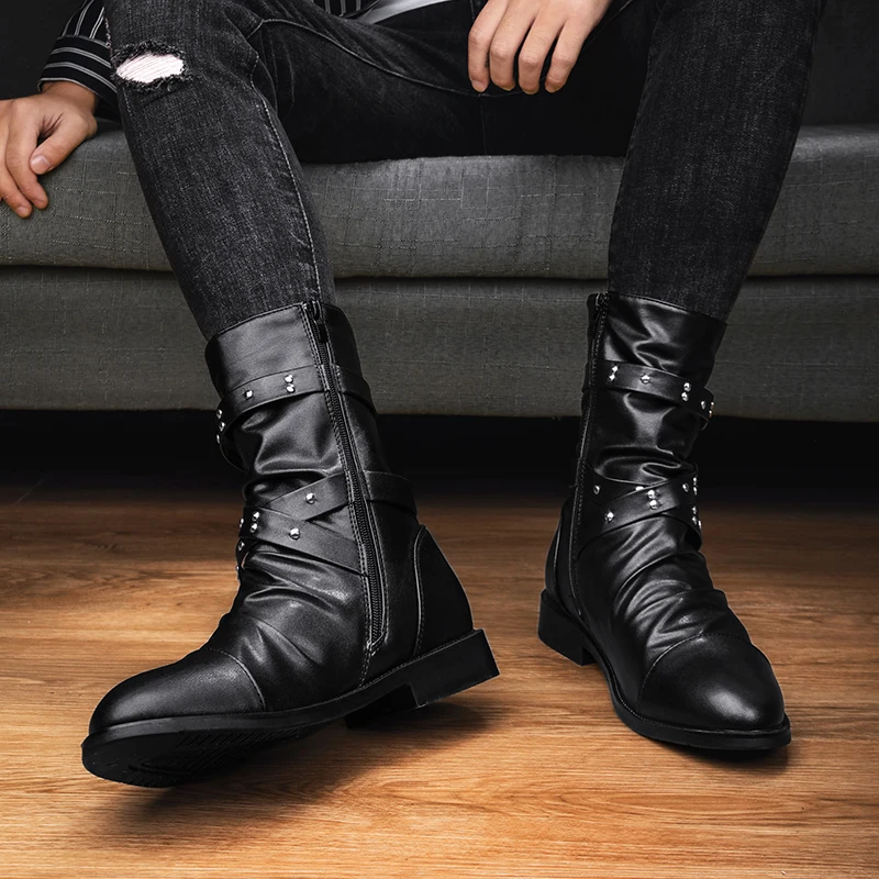 Men's Leather High Quality Mid Tube Boots FashionClassic Autumn Spring Black Punk Shoes Casual 2024New Odor prevention