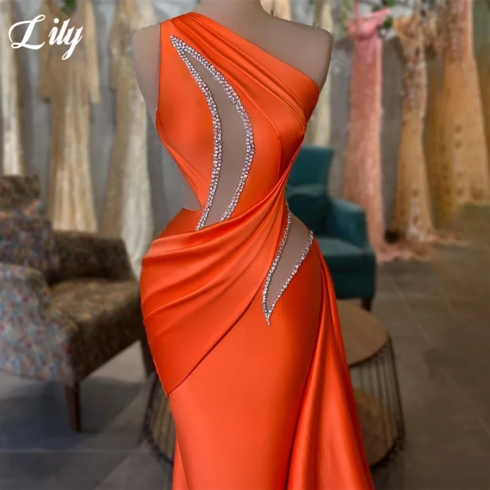 

Lily Orange Sexy One Shoulder Prom Dress Shiny Rhinestones Strapless Evening Dress for Woman Hollow Satin Ball Gown Customized