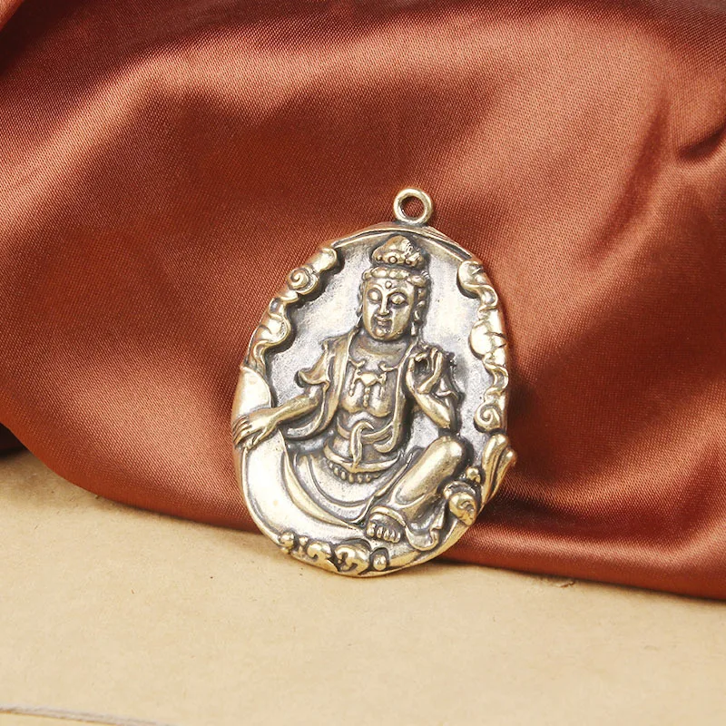 Vintage Brass Lotus Relief Guanyin Statue Handmade Accessories Cultural Play Pendant Tag Old Bronze Wholesale