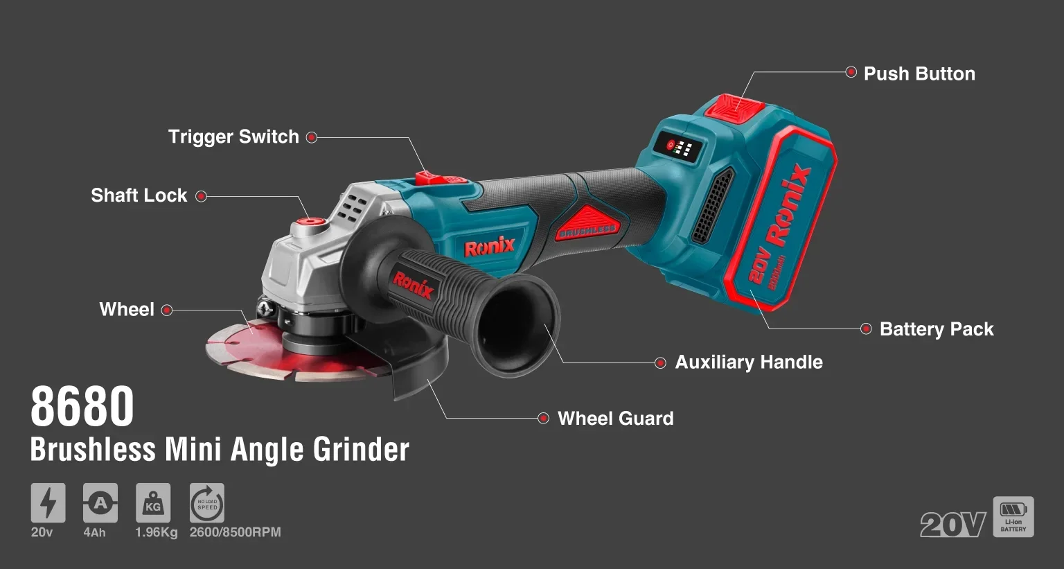 RONIX 8680 Wholesale Cordless Angle Grinder 20v 4Ah Powerful Brushless Cordless Mini Angle Grinder