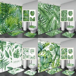 Green Leaf Plant Waterproof Printed Shower Curtain Set With Hooks Carpet Toilet Cover Bath Mat Pad Plants leaves Bathroom Curtai